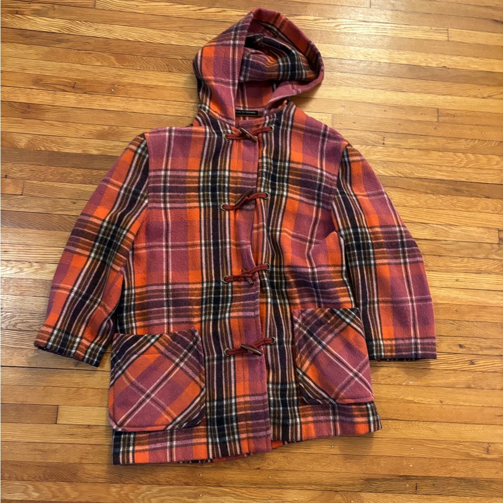 Vintage pink and orange plaid Gloverall toggle coat